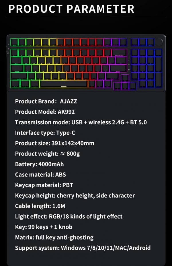 AJAZZ AK992 Midnight Black Cherry Profile 98% Gasket-Mount Hot-Swappable 2.4Ghz/Bluetooth 5.0/Type-C Wired/Wireless Mechanical Gaming Keyboard - Ajazz AS Red Switch - Image 18